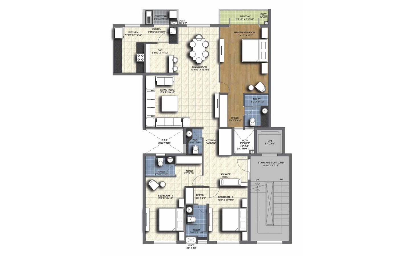 3 BHK Simplex Unit 69F,69H, 2nd, 3rd floor- 2050 sq.ft. - unitech uniworld resorts