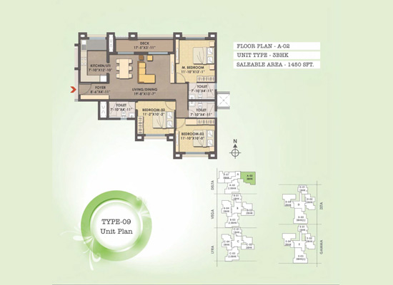 FLOOR PLAN A 02 UNIT TYPE 3BHK AREA 1450SFT - Mjr Clique