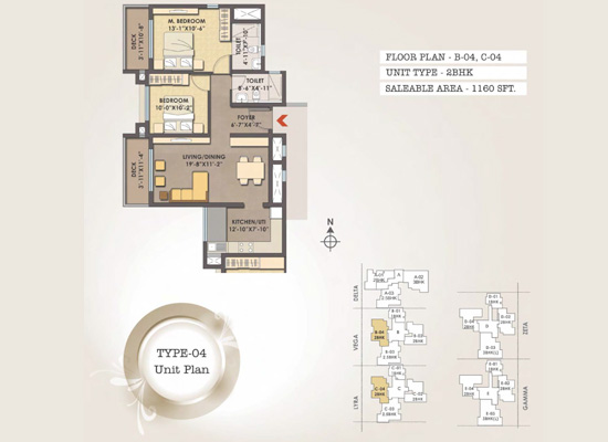 FLOOR PLAN B 04 C 04 UNIT TYPE 2BHK AREA 1160SFT - Mjr Clique