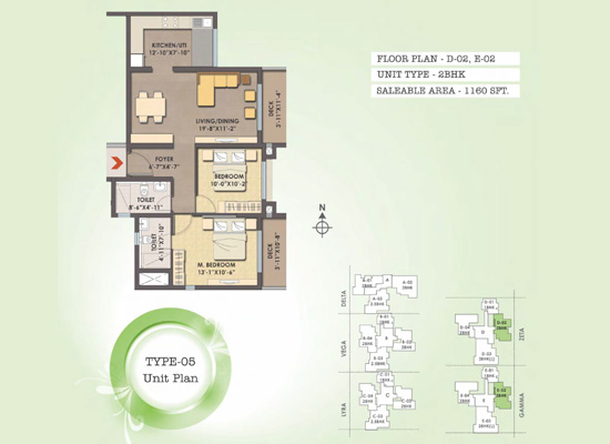 FLOOR PLAN D 02 E 02 UNIT TYPE 2BHK ARA 1160SFT - Mjr Clique