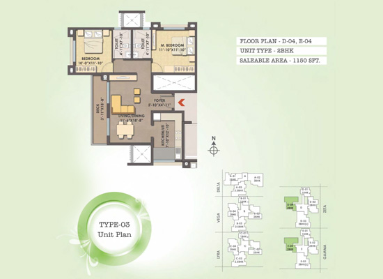 FLOOR PLAN D 04 E 04 UNIT TYPE 2BHK AREA 1150SFT - Mjr Clique