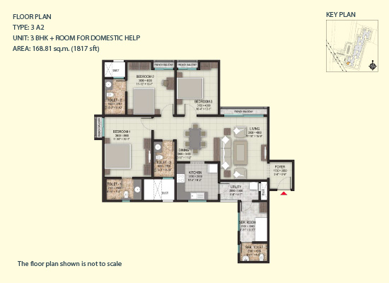 TYPE 3 A2 UNIT 3BHK ROOM FOE DOMESTIC HELP AREA 168 81SQ M 1817SQFT - Sobha Valley View