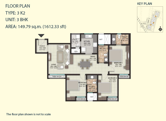 TYPE 3 K2 UNIT 3BHK AREA 149 79SQ M 1612 33SQFT - Sobha Valley View