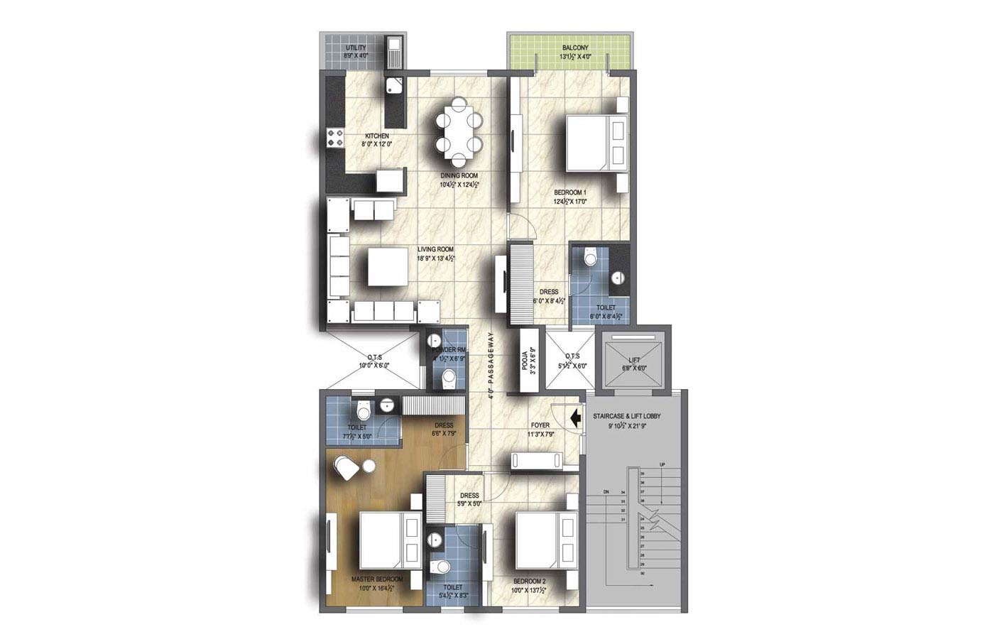 Floor Plan - 3 BHK Simplex Unit - 1930 sq.ft. 1,2,3,4th floor-1 - unitech uniworld resorts