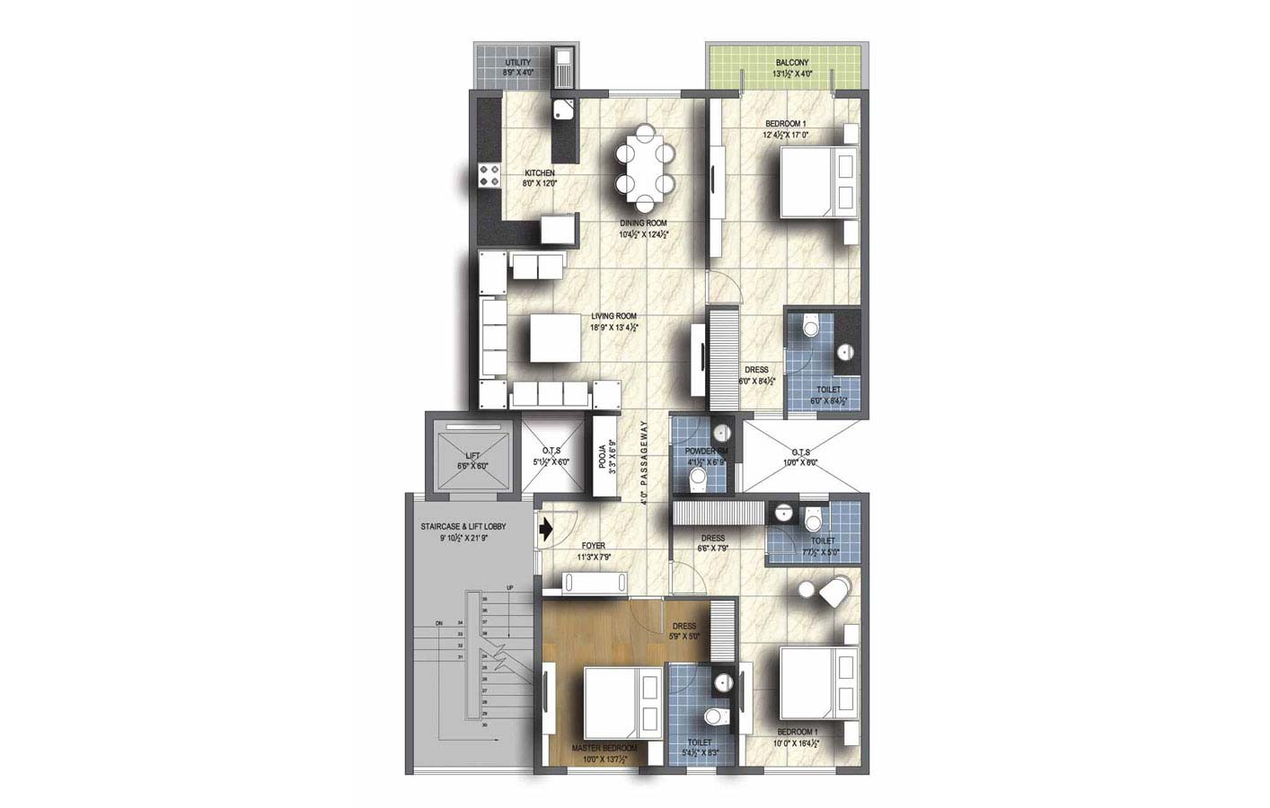 Floor Plan - 3 BHK Simplex Unit - 1930 sq.ft. 1,2,3,4th floor - unitech uniworld resorts