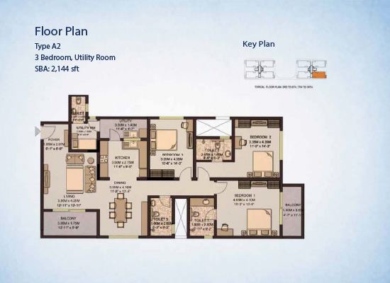 TYPE-A2 3 BEDROOM UTILITY ROOM SBA 2144 SEFT - Sobha City