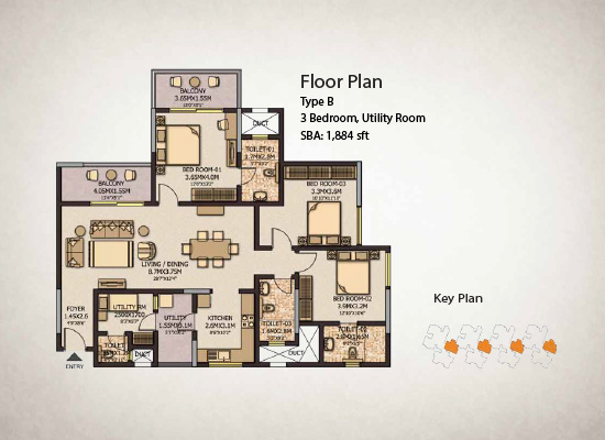 TYPE B 3 BEDROOM UTILITY ROOM SBA 1884 SQFT - Sobha City