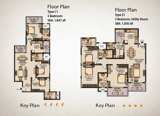 TYPE-C1_3-BEDROOM SBA 1847 SQFT TYPE E1 3 BEDROOM SBA 1390 SQFT - Sobha City