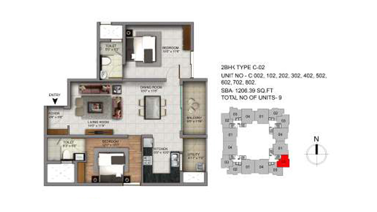 2 BHK Type C2 1206 Sq. Feet - Century Infinity