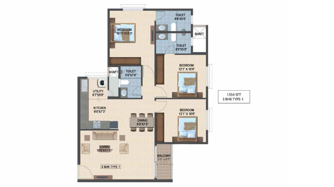 3bhk_type1_1354sft - salarpuria sattva laurel heights