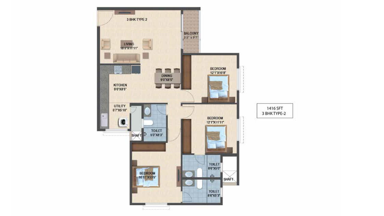3bhk_type2_1416sft - salarpuria sattva laurel heights