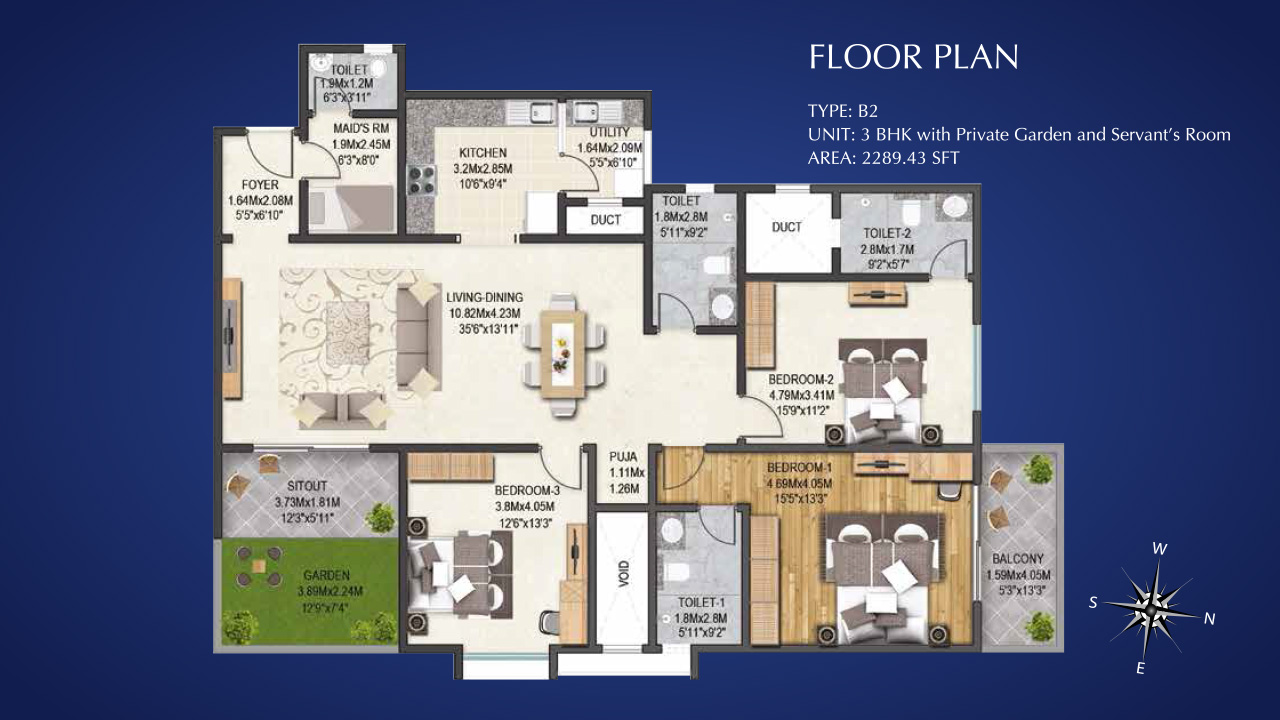 Type B2  3 BHK 2289 Sq.Feet - Sobha Indraprastha