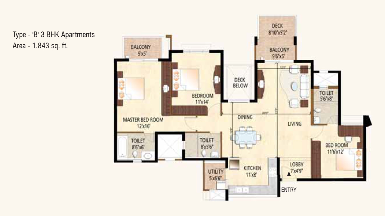 Type B 3BHK 1843sft - purva highland