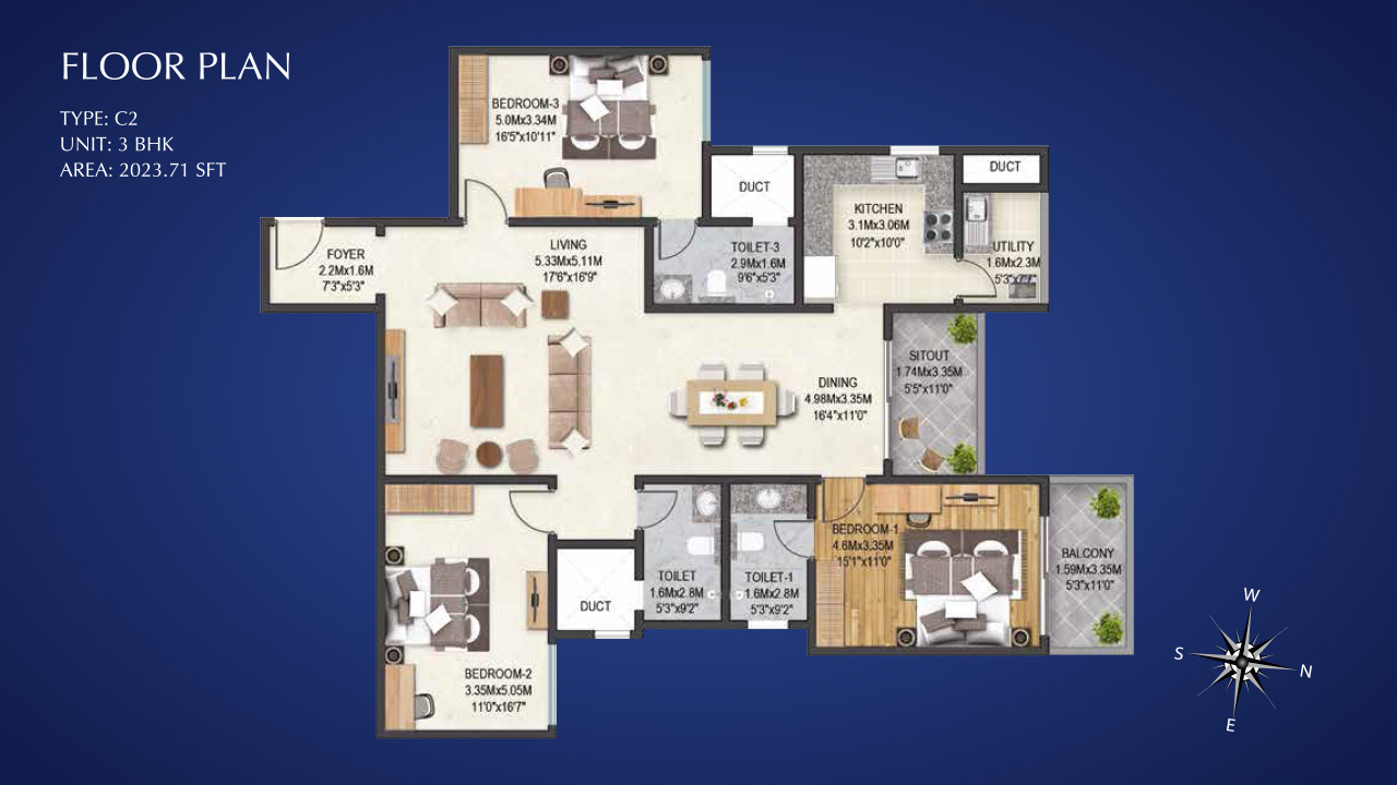 Type C2 3 BHK 2023-71 Sq.Feet - Sobha Indraprastha