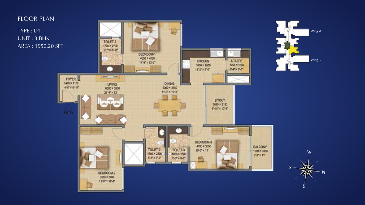 Type D1 3 BHK 1950 Sq.Feet - Sobha Indraprastha