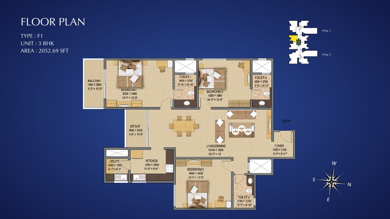 Type F1 3 BHK 2052 Sq.Feet - Sobha Indraprastha