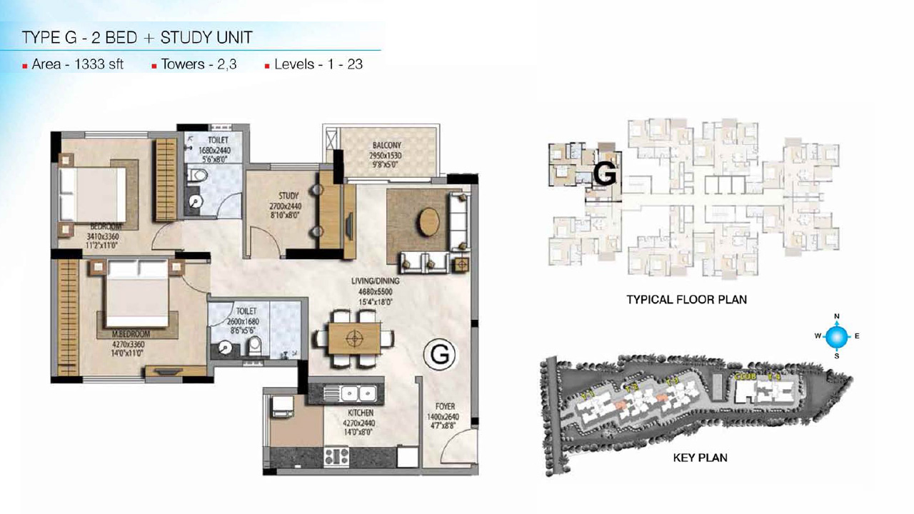 Type G 2 BHK 1333Sq.Ft. - Misty Waters Vista
