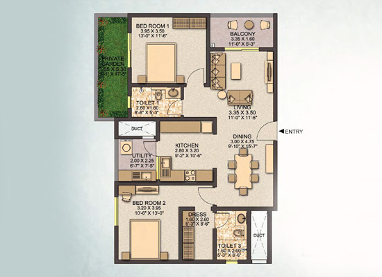 typeA 2bhk 129 79sft - Sobha Santorini