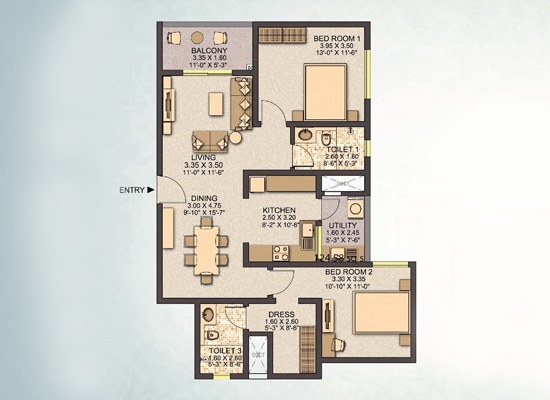 typeB1 2bhk 124 58sft - Sobha Santorini