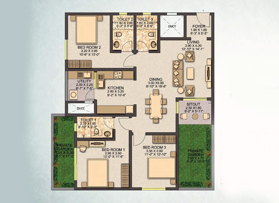 typeD 3bhk 161 74sft - Sobha Santorini