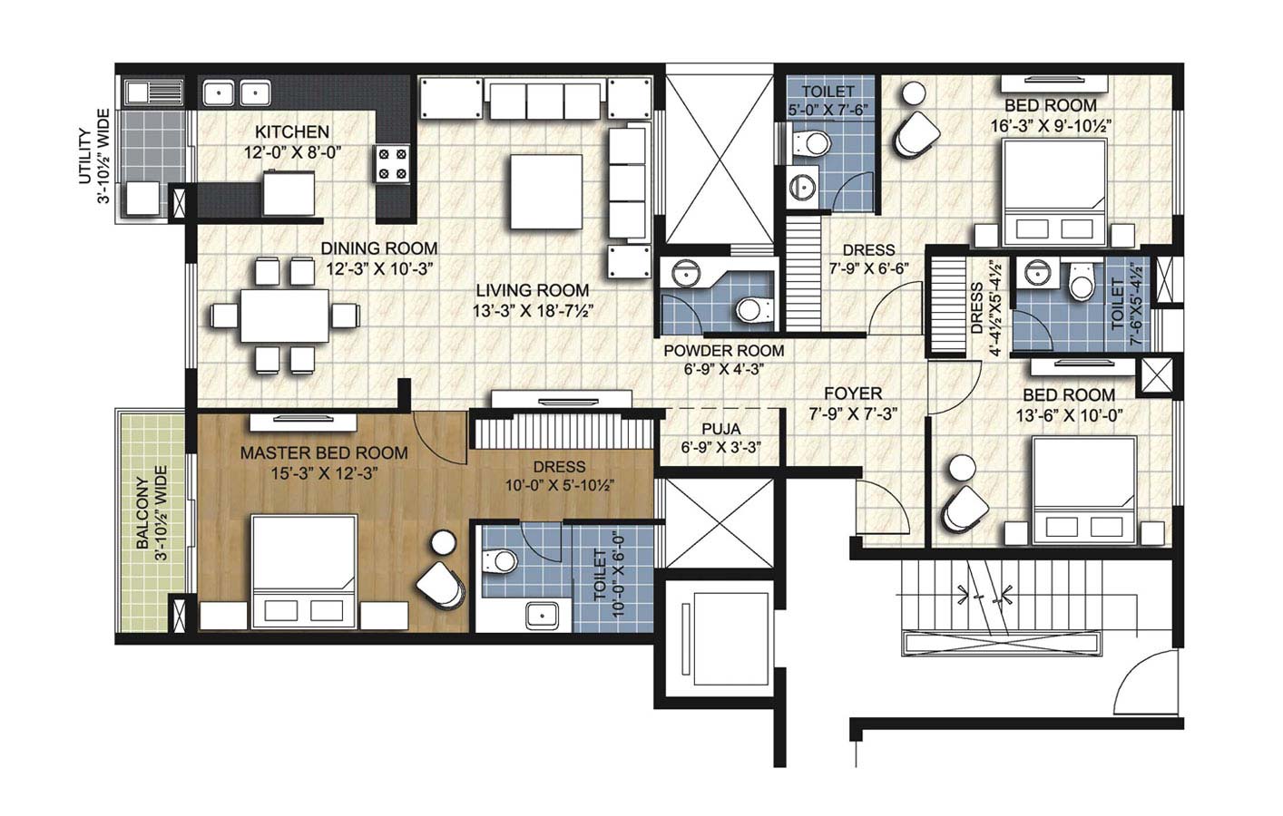type e1 3 BHK Simplex Unit - 1920 sq.ft. - unitech uniworld resorts