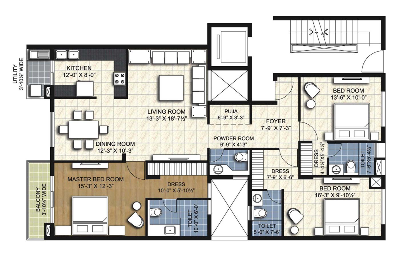 type e2 3 BHK Simplex Unit - 1920 sq.ft. - unitech uniworld resorts