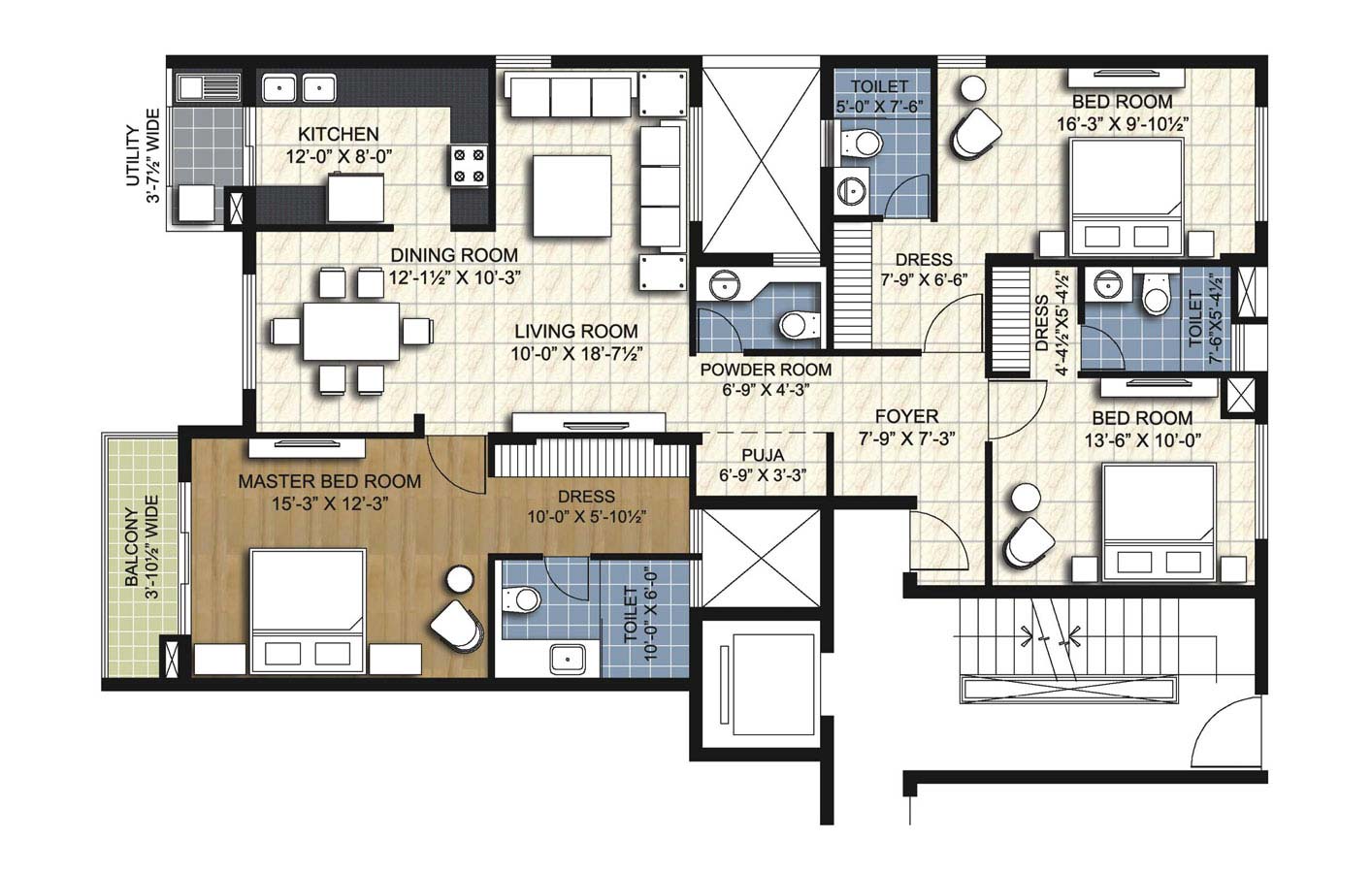 type e6 3 BHK Simplex Unit - 1850 sq.ft. - unitech uniworld resorts