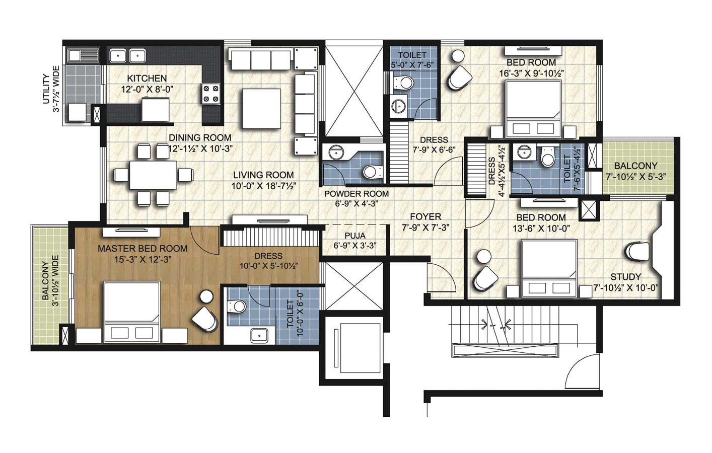 type e7 3 BHK Bridge Unit - 2015 sq.ft. - unitech uniworld resorts