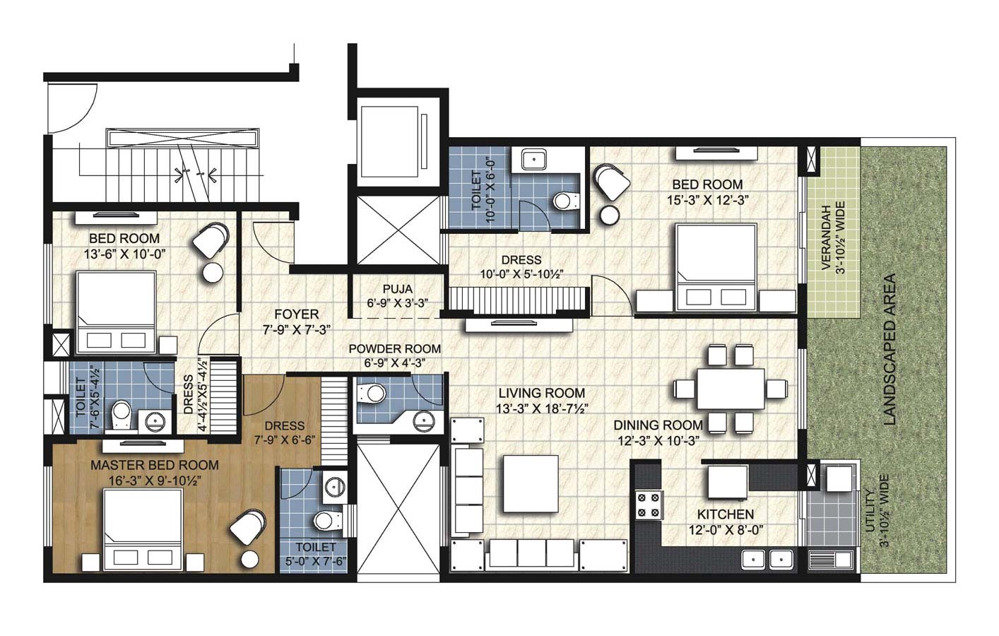 type w4 3 BHK Simplex Unit - 1920 sq.ft. - unitech uniworld resorts