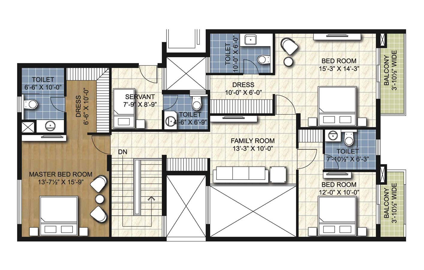 type w6 4 BHK Duplex Unit upper floor - 3735 sq.ft. - unitech uniworld resorts