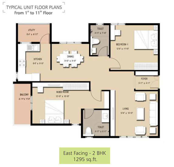 typical floorplan from 1st to 11th floor 2bhk 1295 sqft - golden panorama